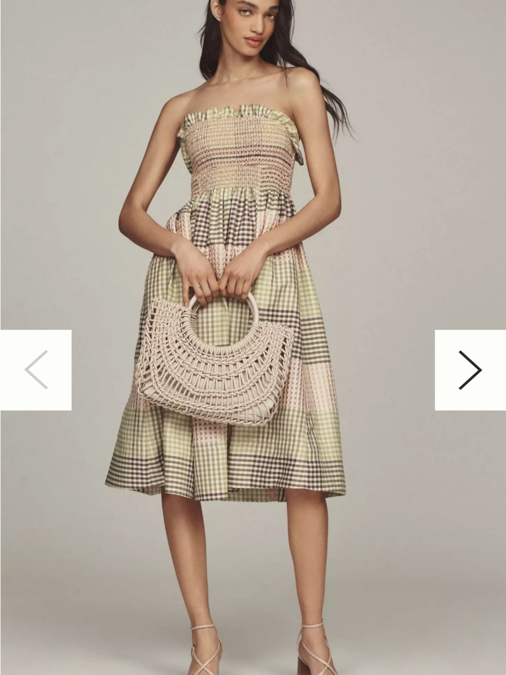 Maeve Strapless Aline Plaid Midi Dress in Pastel Green and Pink